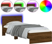 vidaXL Cadru de pat cu tăblie și lumini LED, stejar maro, 90x190 cm