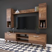Comoda TV cu raft de perete si 2 cabinete M27 - 284, Wren, 180 x 35 x 48.6 cm/133 cm, walnut