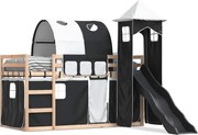 vidaXL Pat supraetajat cu tobogan și perdele, alb și negru, 90x200 cm