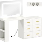 HOMCOM Stație de Machiaj cu Lumini LED, 3 Culori, Luminozitate Reglabilă, Toaletă Convertibilă cu Prize Electrice, 6 Sertare Soft Close, Oglindă, Rafturi Deschise, pentru Dormitor, Alb | Aosom Romania