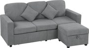 HOMCOM Divan 3 Locuri cu Pouf de Depozitare din Velur cu Nervuri 196x139x85 cm, Gri | Aosom Romania