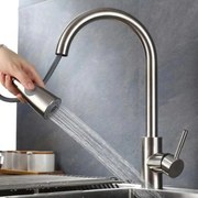 Baterie Bucătărie cu Duș Extractibil, Inox Satinat, Model CF017 – Design Elegant și Practic pentru Confortul Bucătăriei