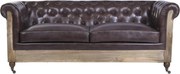 Canapea Chesterfield 2 locuri din piele naturală maro închis, cu cadru din lemn de mango la vedere și picioare pe roți, 80 x 190 x 77 cm, „Cassis"