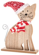 Pisică din lemn cu eșarfă și căciulă tricotate, 29cm