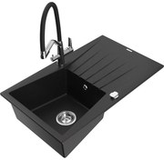 Mexen Cesar chiuvetă de granit cu un compartiment, cu picurător și baterie de bucătărie Duo, Neagră - 6514-77-671701-07