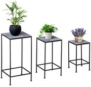 Outsunny Set 3 Suporturi pentru Plante din Metal, Plăci Ceramice cu Motive Florale, Decorativ și Funcțional, Negru | Aosom Romania