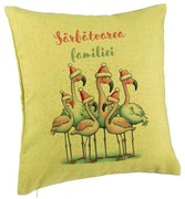 Perna Decorativa cu tematica de Craciun, Flamingo si Text 2, 40x40 cm, Verde, Husa Detasabila, Burduf