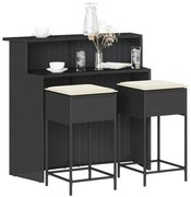 vidaXL Set mobilier bar de grădină cu perne, 3 piese, negru, poliratan
