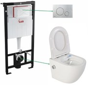 Set vas wc suspendat alb cu functie bideu si baterie crom mat Foglia Oslo, rezervor wc incastrat si clapeta crom mat, Alcadrain