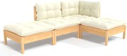 vidaXL Set mobilier grădină cu perne crem, 4 piese, lemn de pin