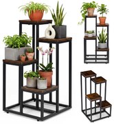 Suport pentru flori Loft - 4 rafturi, oțel negru și decor din lemn