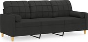 vidaXL Canapea cu 3 locuri cu pernuțe, negru, 180 cm, textil