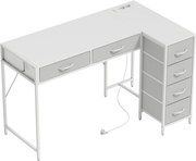 HOMCOM Birou de Colț Reversibil cu Prize și Porturi USB, 126x48 cm, Birou în Formă de L cu 6 Sertare din Material Textil, Cârlig Lateral, pentru Computer, Birou, Cameră, Alb | Aosom Romania