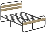 HOMCOM Pat dublu 140 x 190 cm, cadru de pat din oțel stil industrial, tăblie și somier incluse, aspect lemn | Aosom Romania