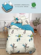 Set Lenjerie De Pat 1 Persoana, 4 piese, cu ELASTIC - Pene  Frunze