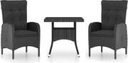 vidaXL Set mobilier grădină, 3 piese, negru, poliratan și sticlă