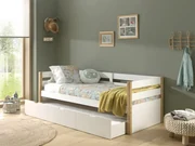 Pat pentru copii MARGRIT, 90 x 200 cm, alb cu tonuri naturale, cu pat trundle pentru dormit sau depozitare – Vipack