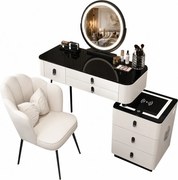 Set MARGOT LONG – Masă de Toaletă pentru Machiaj, Oglindă iluminată LED, Control Touch, 6 sertare, Comoda, Scaun, Difuzor Bluetooth, Zona încărcare fără fir, Alb, 100x40x75 cm