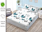 Husa de pat cu elastic 180x200 din Bumbac Finet + 2 Fete de Perna - Fluturi Turcoaz Gri