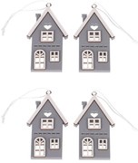 Căsuță suspendată din lemn, gri, înălțime 9 cm, SET DE 4 PIESE