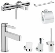 Set baterie cada si baterie lavoar Hansgrohe Finoris cu accesorii baie Hansgrohe Logis, crom lucios