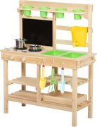 AIYAPLAY Bucătărie de noroi pentru copii în aer liber, bucătărie jucărie din lemn cu chiuvetă, plită, ghivece, tablă pentru 3-6 ani 77x32x95 cm lemn natural | Aosom Romania