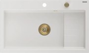 Mexen Omar chiuvetă de granit cu 1 compartiment 800 x 480 mm, alb, sifon auriu - 6520801005-20-G