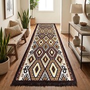 Traversa hol tesuta traditional, 80x300 cm, 2 fete, geometric, maro cu bej