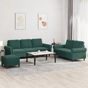 vidaXL Set de canapele cu perne, 3 piese, verde închis, catifea