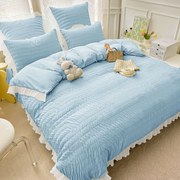 Set Lenjerie de Pat 2 Persoane Bumbac Finet Creponata Uni cu Volanase, 6 Piese - Albastru Deschis