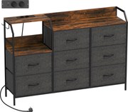 HOMCOM Comodă cu 8 sertare din material textil, cadru din oțel, stație de încărcare, Rustic-Maro+Negru | Aosom Romania