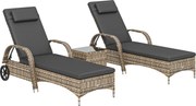 Outsunny Set de 2 șezlonguri : saltea, tetieră, înclinare reglabilă, roți + măsuță de cafea cu sticlă securizată gri închis | Aosom Romania