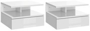 HOMCOM Set de 2 Noptiere Suspendate cu Raft Superior, Design Modern, Lemn, Alb Lucios, 35x32x22.5cm | Aosom Romania