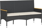 vidaXL Bancă de grădină cu 3 locuri, cu perne, negru, poliratan