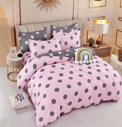 Lenjerie Pat Dublu din Bumbac Tip Finet, cu Elastic, 6 Piese - Roz Gri Cu Buline