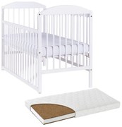 Patut din lemn masiv 120x60 cm Kidizi Orella alb cu laterala culisanta si saltea cocos LUX 120x60x12 cm, reglabil pe 3 nivele, certificat EN71
