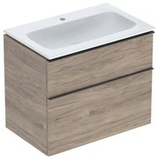 Set dulap baza suspendat Geberit iCon finisaj nuc Hickory 2 sertare si lavoar 75 cm alb