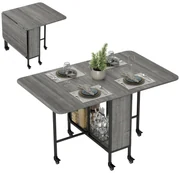 HOMCOM Masă Pliabilă, Rabatabilă pentru 4-6 Persoane cu Raft și 6 Roți, din Lemn și Metal, 130x80x74 cm, Gri | Aosom Romania