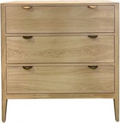 Comodă cu 3 sertare mid century, din lemn de stejar, natur, cu picioare de lemn și mânere metalice semirotunde, 90 x 90 x 45 cm, „Ernest”