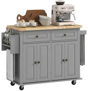 HOMCOM Căruț de Bucătărie cu 2 Sertare și 2 Dulapuri, Insulă de Bucătărie cu Blat din Lemn, 111x44,5x82,5 cm, Gri | Aosom Romania