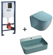 Set vas wc rimless cu capac soft close, lavoar baie verde turcoaz si rezervor wc cu clapeta negru mat