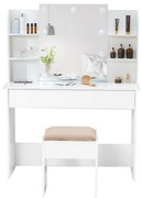 Set FRANCESCA – Masă de Toaletă pentru Machiaj, Oglinda Iluminata, Becuri LED, Sertar triplu, Polițe, Scaun, Alb