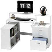 HOMCOM Birou în Formă de L cu Prize de Curent, Sertar și Suport pentru Monitor, 138,5x90x92 cm, Alb | Aosom Romania