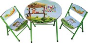 Masuta pliabila pentru copii din MDF Novokids™ Round folding table, Cu doua scaune pliabile, Diametru 60 cm, 2 niveluri de inaltime, Suprafata