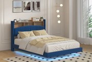 Pat C01 Tapitat Catifea 160x200cm, cu iluminare LED integrata, Albastru, Saltea Ortopedica 20cm inclusa