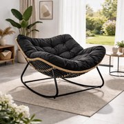 Scaun balansoar pentru interior si exterior, sezlong tip ou cu pernă captusita, cadru metalic, Negru