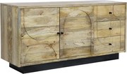 Bufet din lemn de mango, natur, cu 2 uși, 3 sertare și decor sculptat cu arcade, finisaj natural, 72 x 145 x 42 cm, „Petra”