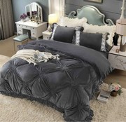 Lenjerie pat dublu, Catifea Deluxe, cu pliuri brodate, 4 piese, Gri Inchis