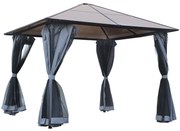 Outsunny Pavilion cu acoperiș din policarbonat, perdele cu plasă de insecte, structură de aluminiu, gri închis, 3 x 3 m | Aosom Romania