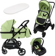 Carucior multifunctional transformabil 3 in 1 Kidizi Moveo verde, include scoica auto, saltea pentru landou si geanta pentru accesorii, cadru negru